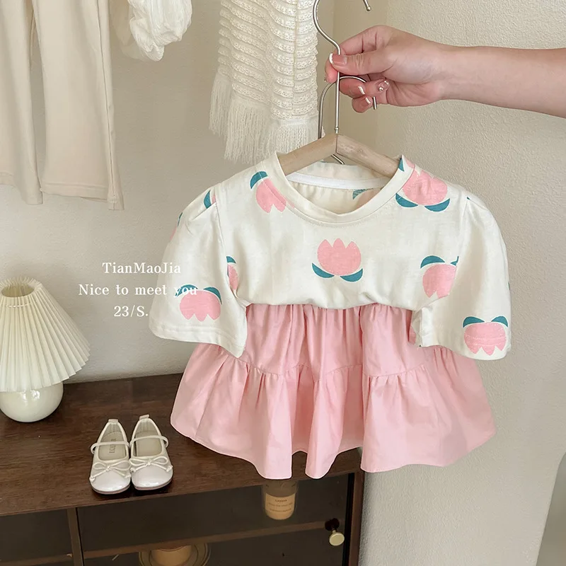 

Детская одежда для девочек, комплект из 2 предметов, футболка, юбка, принцесса, однотонная милая, новинка 2023, модная, с круглым вырезом, плиссированная, в Корейском стиле