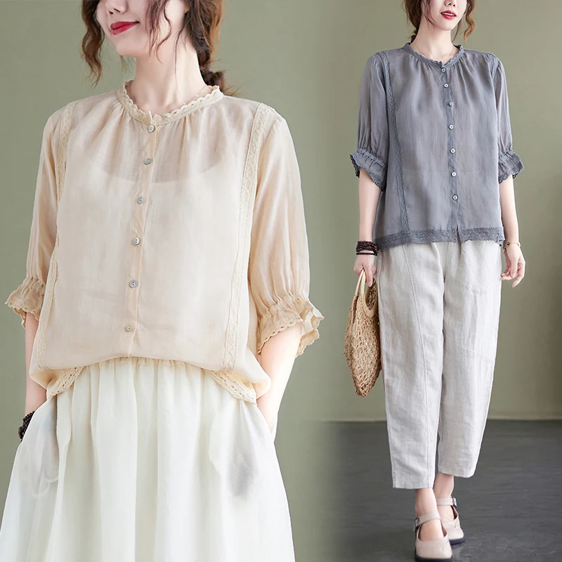 

Patchwork Cotton Linen Shirt Versatile Loose 5-point Sleeve Thin Shirt Women's Summer