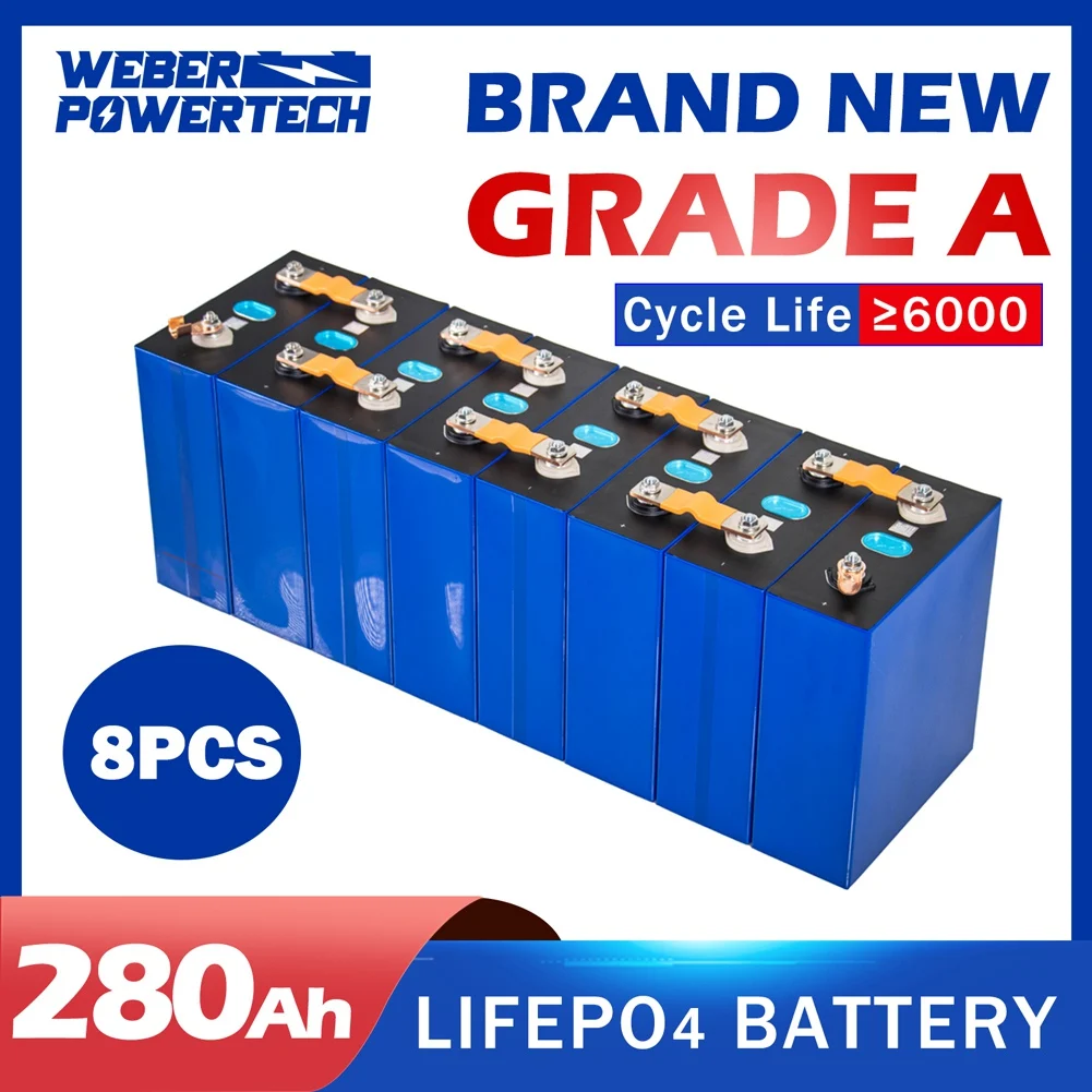 

8PCS Lifepo4 3.2V 280Ah Rechargeable Battery DIY 12V 24V 280Ah Pack for Electric Car RV Solar Energy with Busbar M6 Nut Tax Free