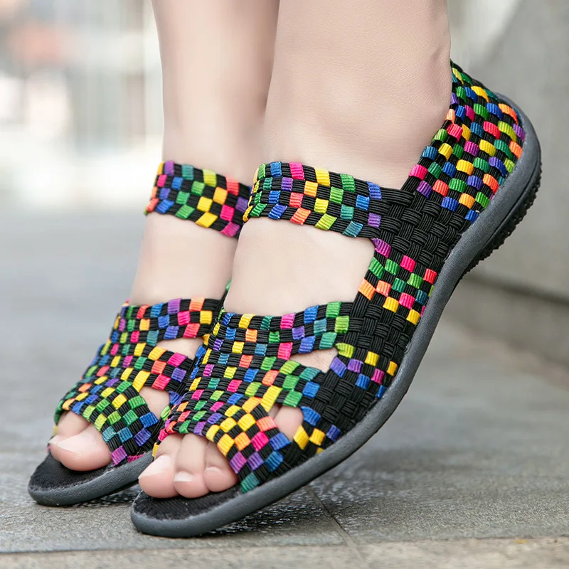 

2022 New Fashion Flats Women's Hollow Out Woven Breathable Shoes Elastic Strap Casual Shoes Fish Mouth Comfortable Sandals