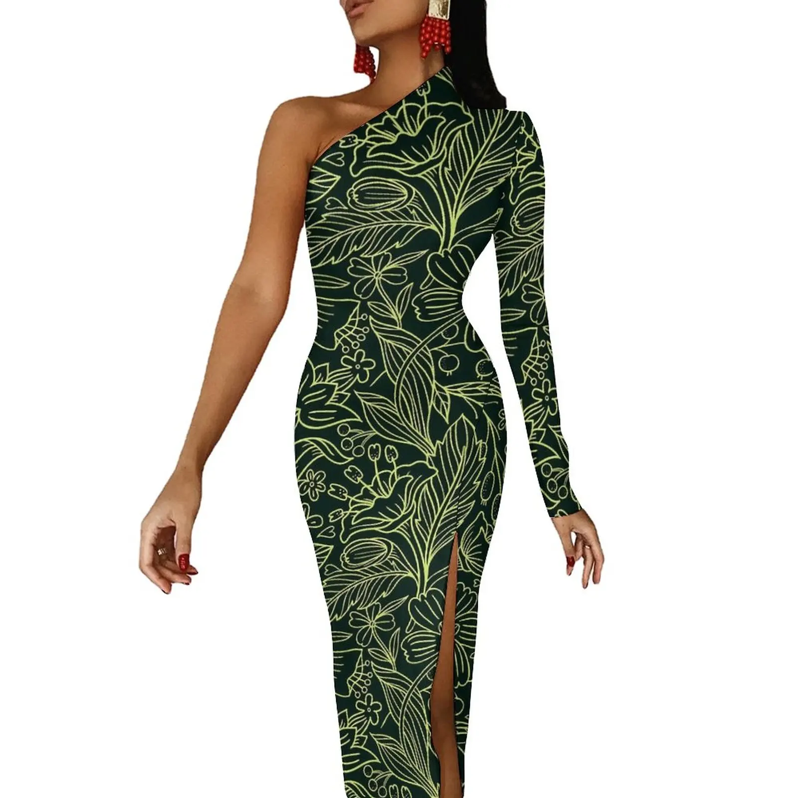 

Ditsy Floral Maxi Dress One Shoulder Green Dense Flower Street Wear Bodycon Dresses Summer Sexy Dress Ladies Pattern Vestidos