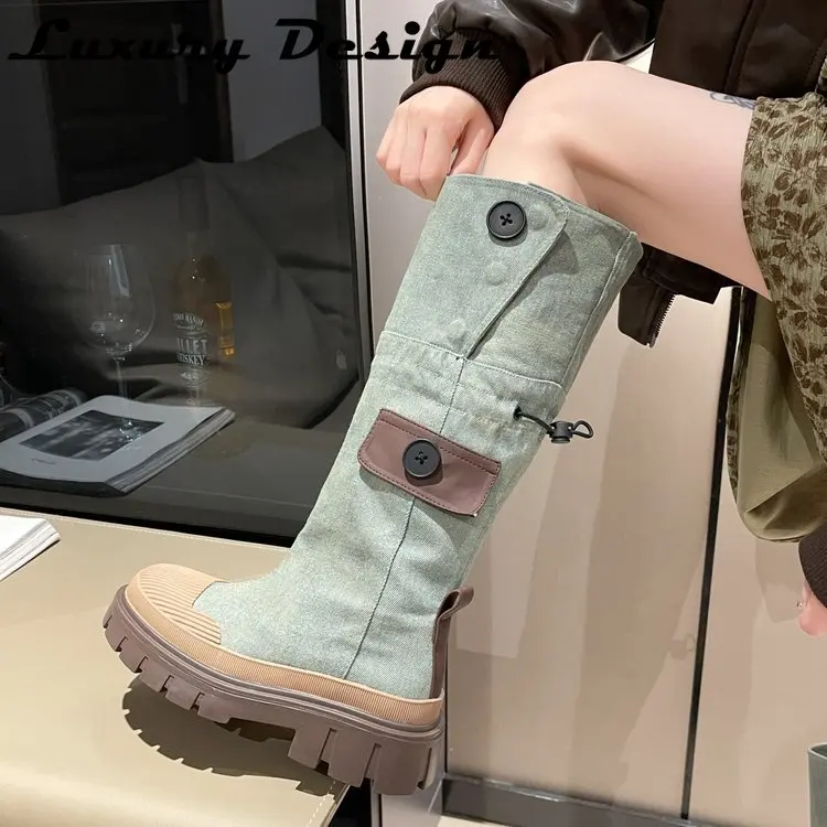 

Mid Calf Denim Boots Women Autumn Retro Chunky Platform Long Boots Woman Slip on Thick Heels Cargo Boots Pocket Decor Design