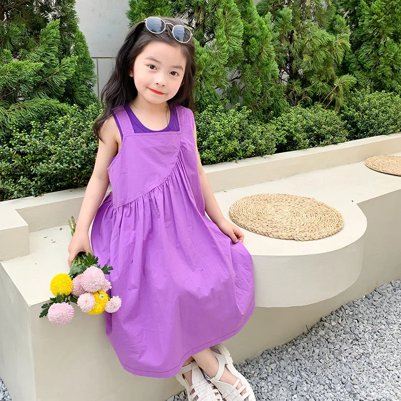 

Summer Girl's Cotton Sleeveless Dress Suit Korean New Children's Pleated Purple Dresses + Tank Tops 2pcs Sets WT808