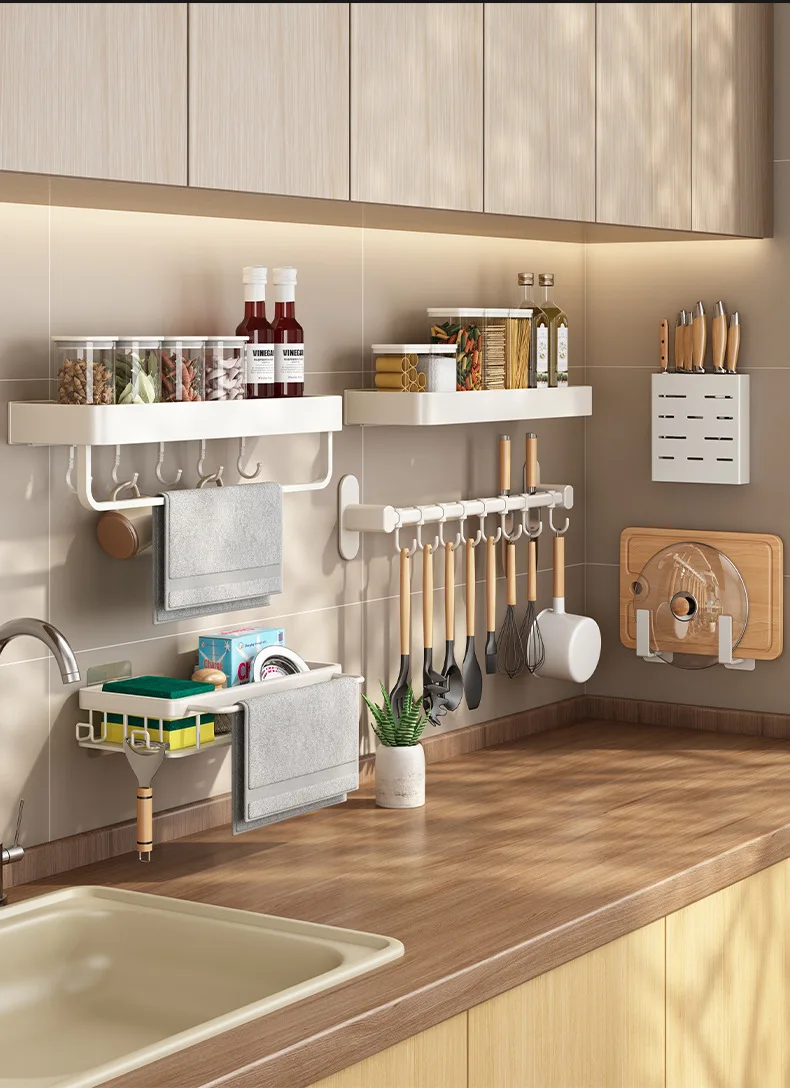 Стеллаж с крючками для кухни настенные вешалки без отверстий рельсовая полка