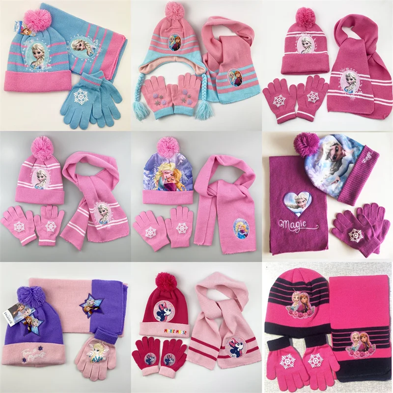 

Disney 3 Piece Set Frozen Princess Elsa Children's Woolen Knitted Hat Minnie Scarf Gloves Winter Warm Girls Birthday Gifts 3-8Y