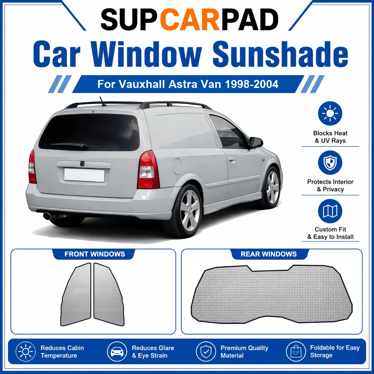 Фото Для Vauxhall - Vauxhall Astra Van 1998-2004: Полный комплект солнцезащитных шторок для окон автомобиля, блокирующих УФ-излучение, обеспечивающих конфиденциальность, теплоизоляцию, складные автомобильные шторки. №1