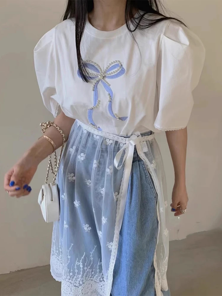 Женская летняя футболка с рукавами-фонариками и бантом