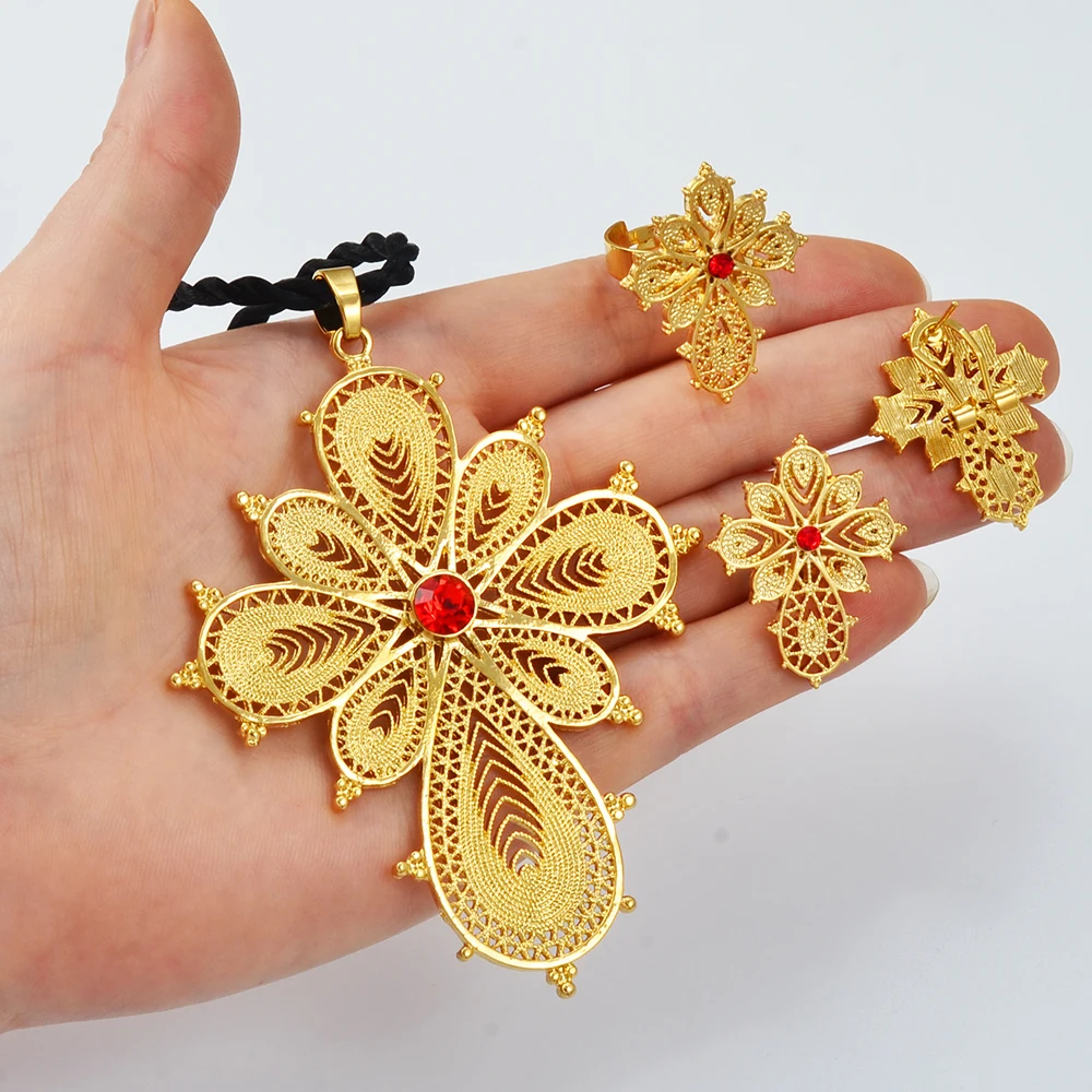 

Anniyo Ethiopian Jewelry sets Cross Pendant Necklaces Earrings Rings African Eritrean Habesha Wedding Accessories #139216
