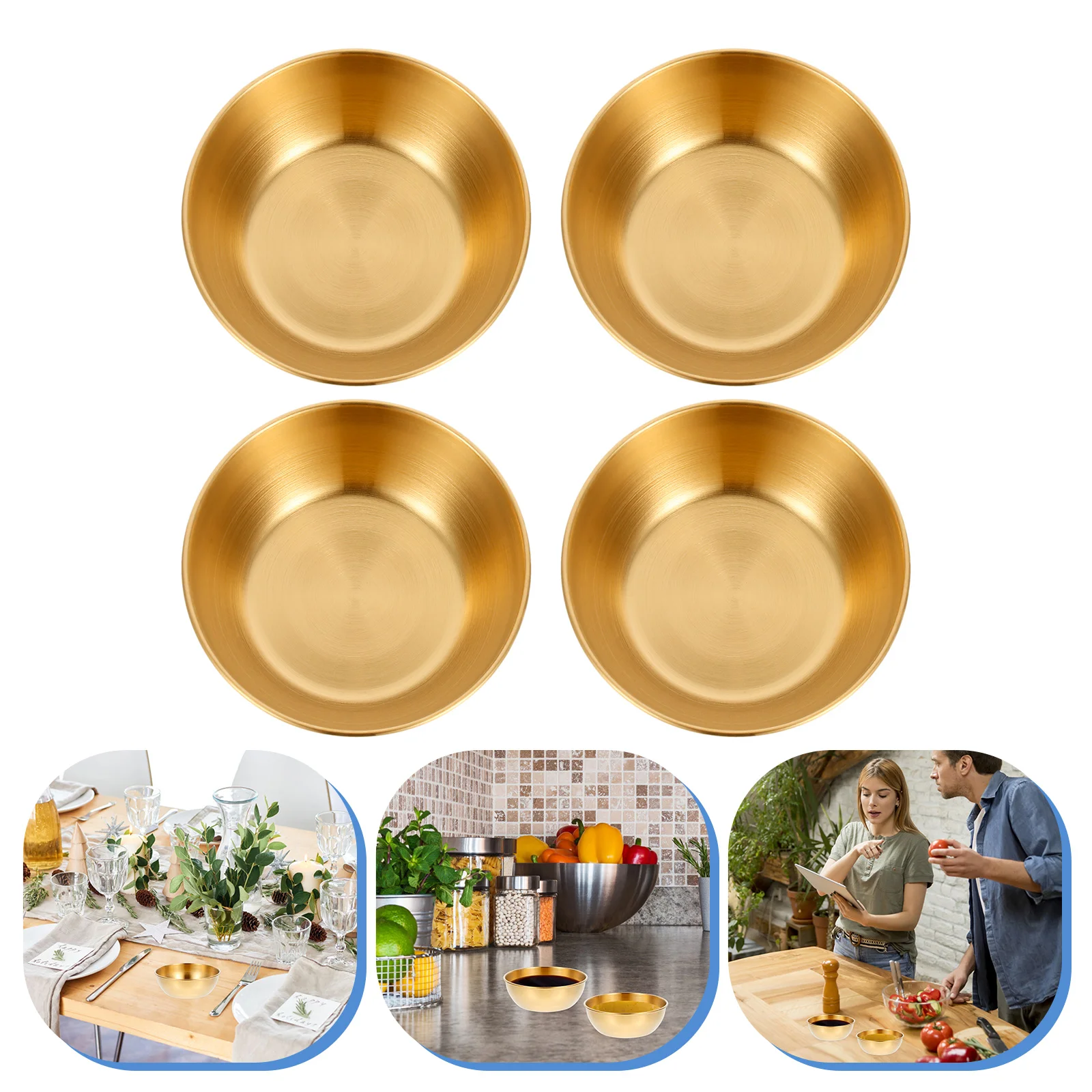 

4 Pcs Mini Appetizer Plate Dip Bowls Japanese Salad Dressing Pinch Seasoning Dishes Round Gold Tray
