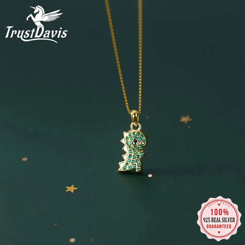 

TrustDavis Real 925 Sterling Silver Cute Monster Dinosaur Green CZ Choker Necklace For Women Wedding Birthday Fine Jewelry DB010