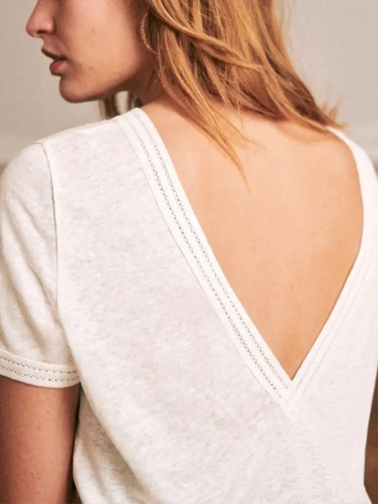 

Women Basic Cotton Tshirt Back V Neck Summer Tops Ladies Top Casual Short Sleeve