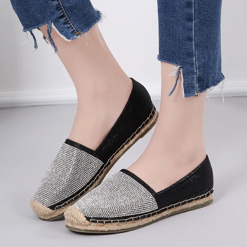 

Hemp Rope Rhinestone Women Fisherman Shoes Pu Leather Loafers Silver Black Ladies Moccasin Shiny Flats Zapatillas Mujer 43
