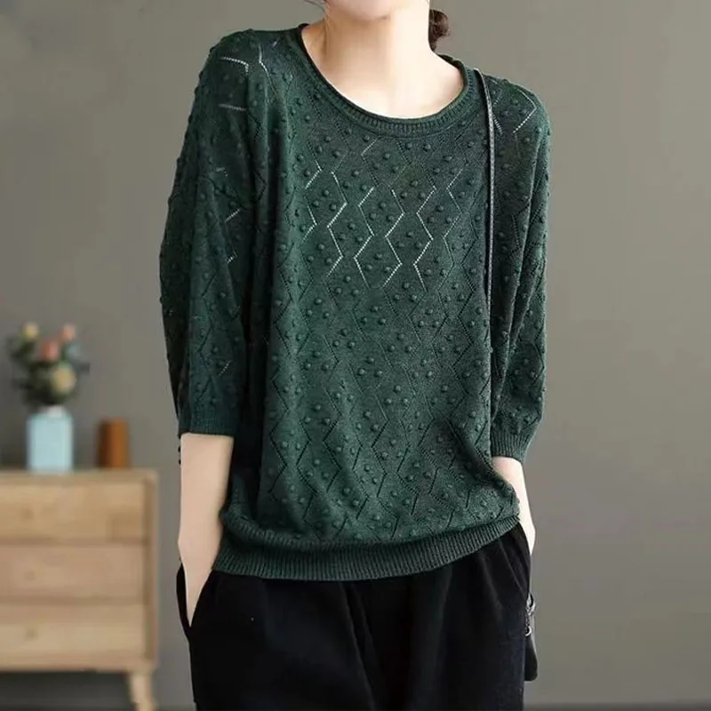 Женский Однотонный пуловер с полурукавами повседневный винтажный круглым