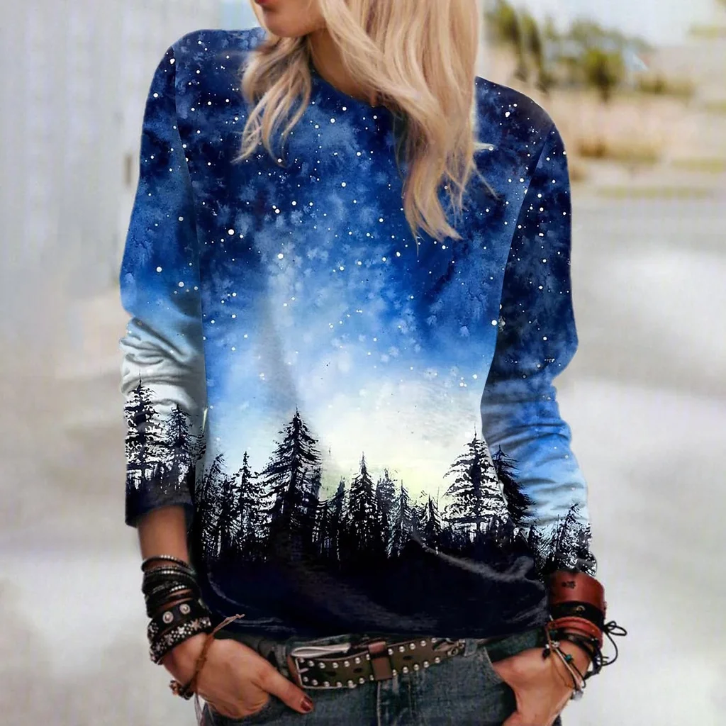 

[New In] Women's Abstract Painting T shirt Floral landscape Print Round Neck Basic Tops