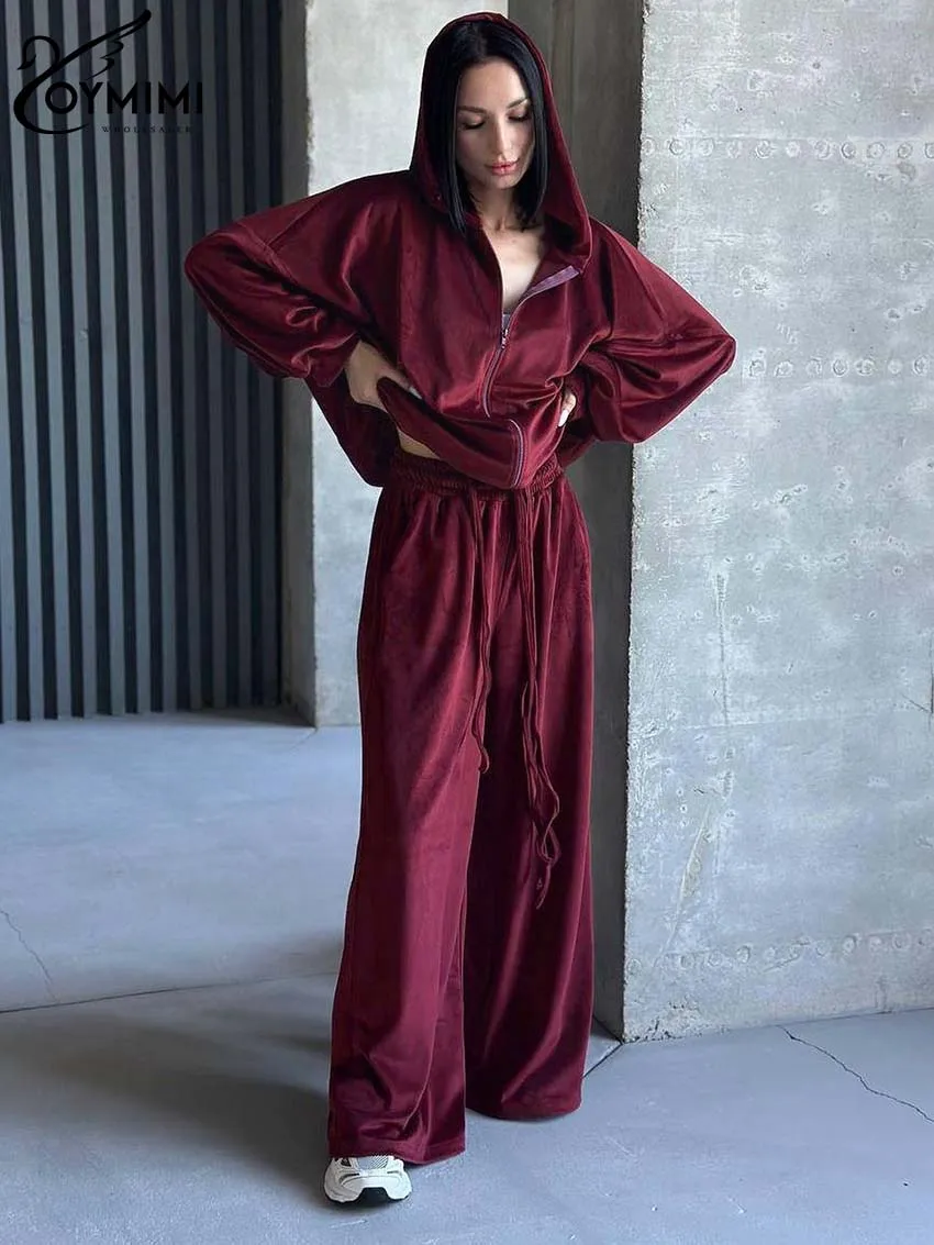 

Oymimi Elegant Red Knitting 2 Piece Sets Women Outfit Fashion Hooded Collar Long Sleeve Zipper Tops And Straight Trousers Sets