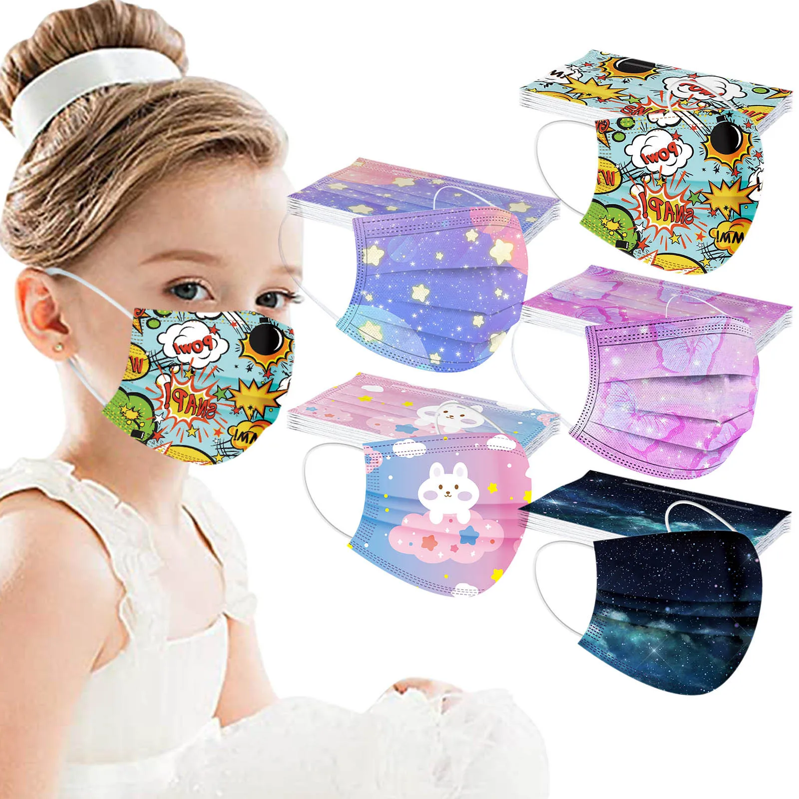 

Child Mascarilla Boys Girls Disposable Print Face Mask Industrial 3Ply Ear Loop Non Woven 50PC Breathable Health Mask Cosplay