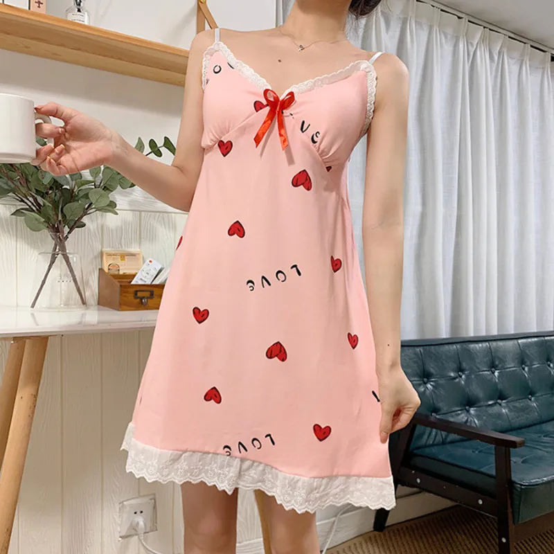 Summer New Women's Nightdress Suspenders Sexy V-neck Thin with Chest Pad Home Service Sleepwear Women Nightwear Sleep Tops