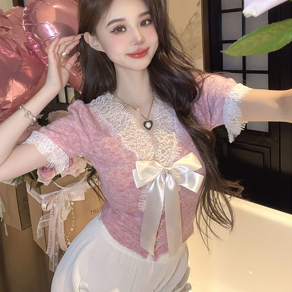 Женский трикотажный свитер с бантом Летний джемпер длинным рукавом и кружевом 2024