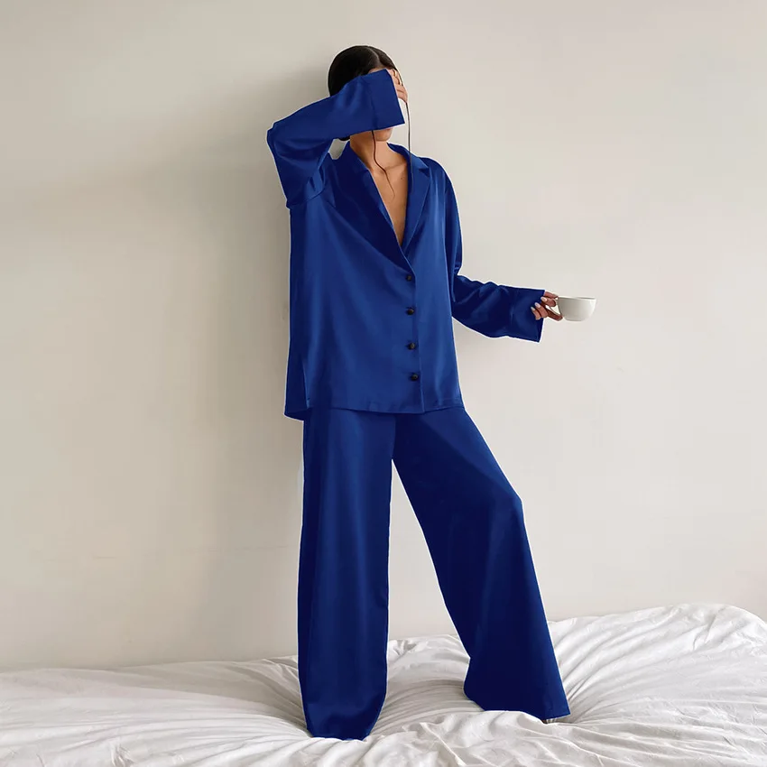 Women's  2 Piece Pajamas Sets Loose Pijama Oversized Satin Sleepwear Lapel Long Sleeve Shirt Trouser Loungewear Female Pyjama