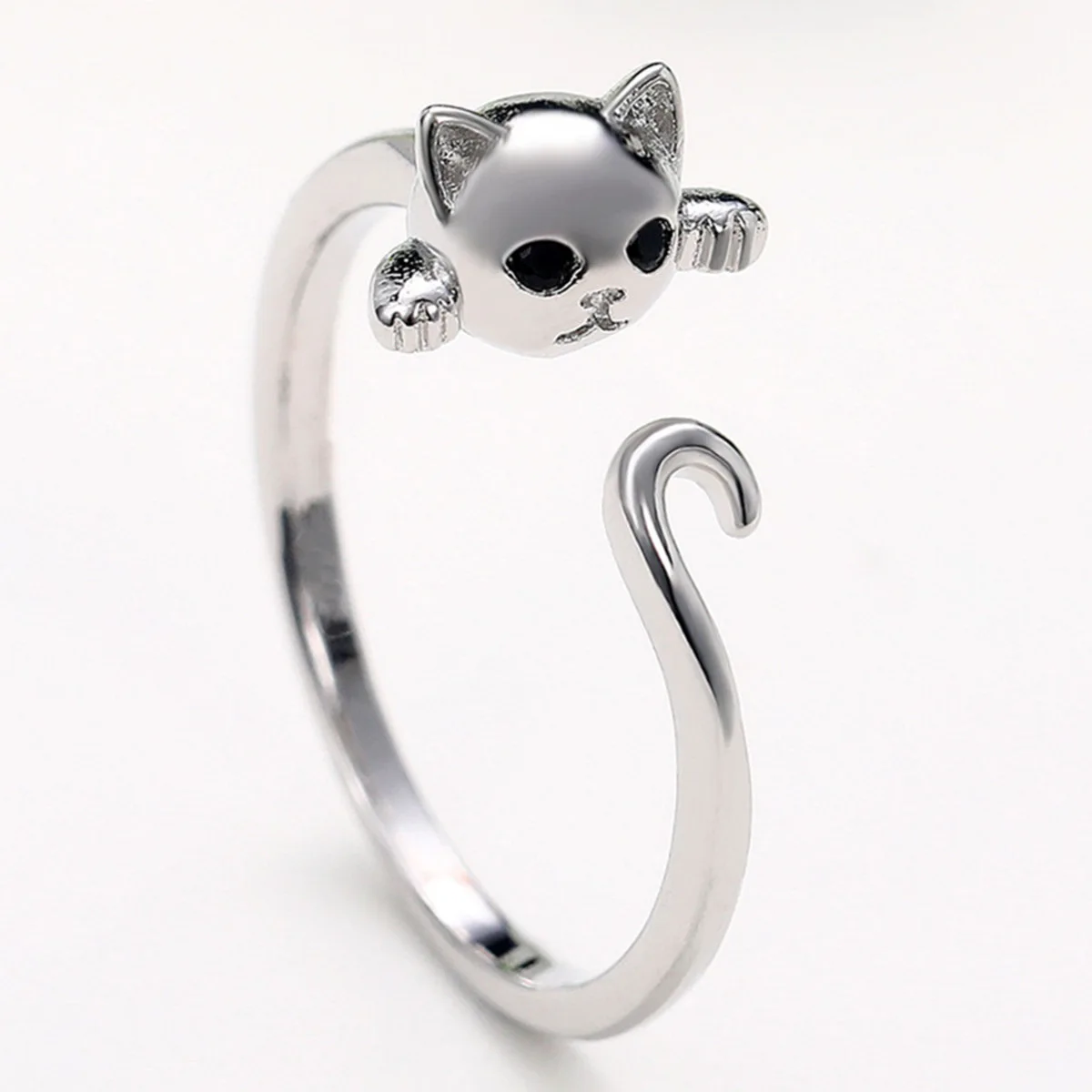 

Kawaii Cute Cat Open Ring Silver Color Girl Adjustable Rings For Woman Party Crystal Zircon Fashion Gifts Jewelry