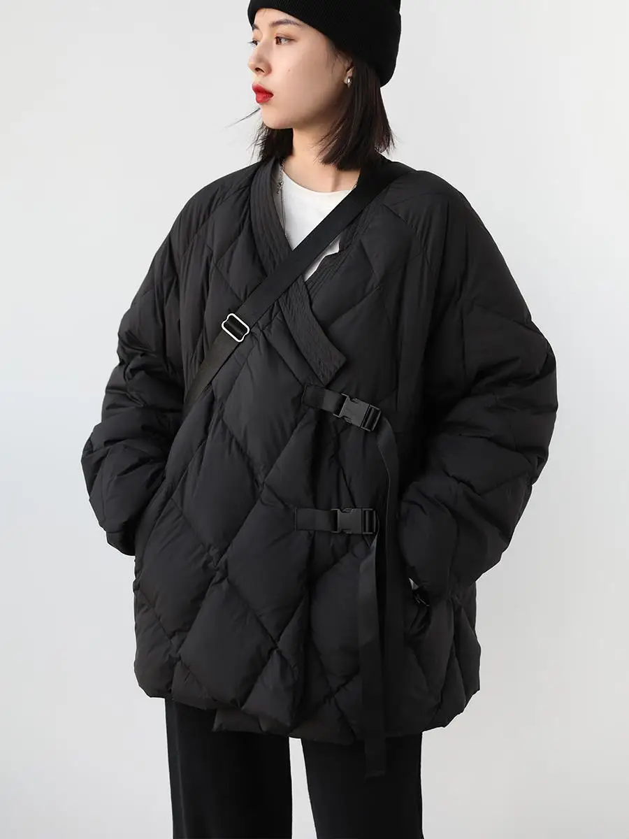 Autumn and winter new cool wind slant placket loose light white duck down down jacket women