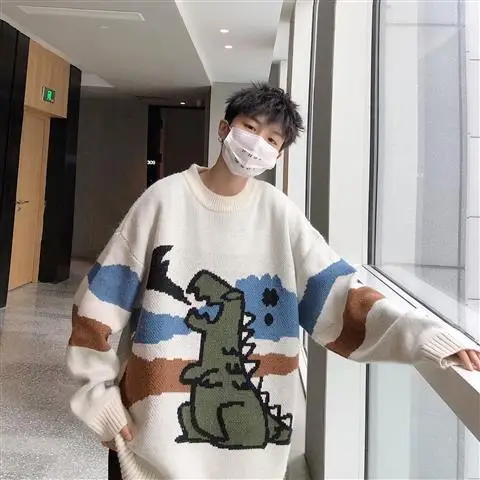 

Sweater Men Streetwear Retro Flame Pattern Hip Hop Autumn New Pull Over Spandex O-neck Oversize Couple Casual Men Sweaters