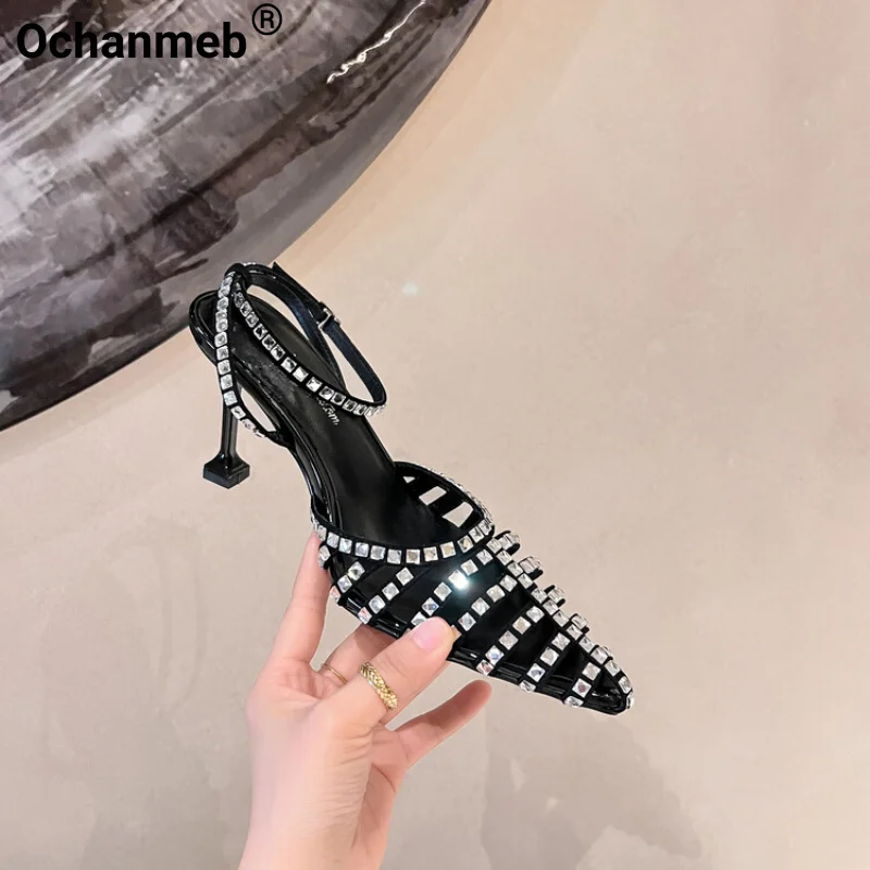 

Ochanmeb Sexy Thin High Heels Embellish Diamond Crystal Sparkling Ankle Strap Buckle Hollow Out Pointed Toe Women Wedding Sandal