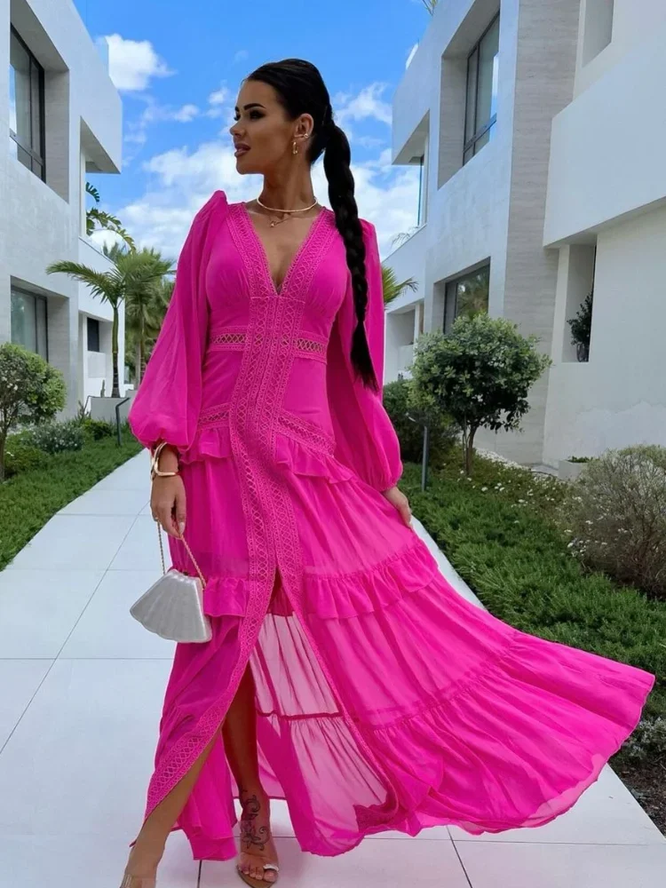 Женское длинное платье с V-образным вырезом и длинными рукавами