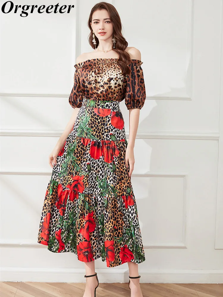 

Женский комплект из 2 предметов, пикантный короткий топ с открытыми плечами и леопардовым принтом с короткими рукавами и юбка макси с принтом, пляжный праздничный комплект из 2 предметов