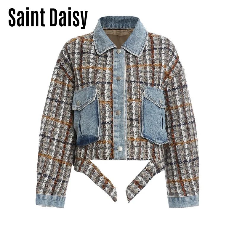SaintDaisy Denim Jacket Women 2022 Spring/Autumn Patchwork Casual Pockets  Windbreaker Patch Designer Jean Coat Turn-down Collar