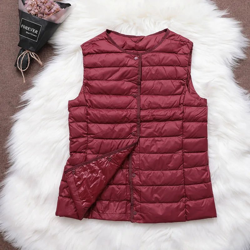 2022 New Autumn Winter Ultra Light Female Waistcoat Portable Reversible Puffer Vest Sleeveless Collarless Button Feather Jackets