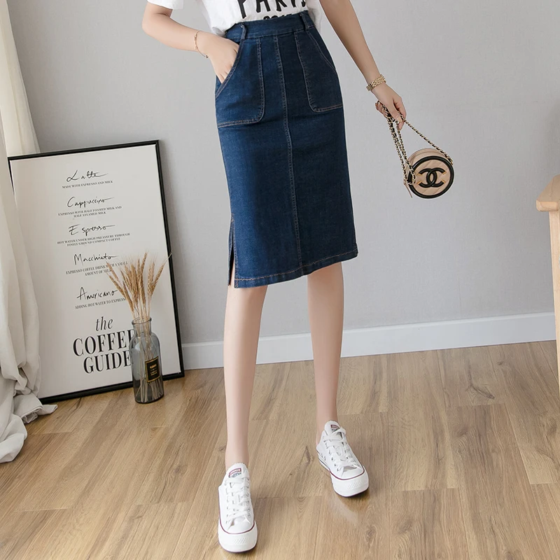 

COIGARSAM Women Denim Skirt High Waist Stretch Dark Blue Skirts Dropshipping