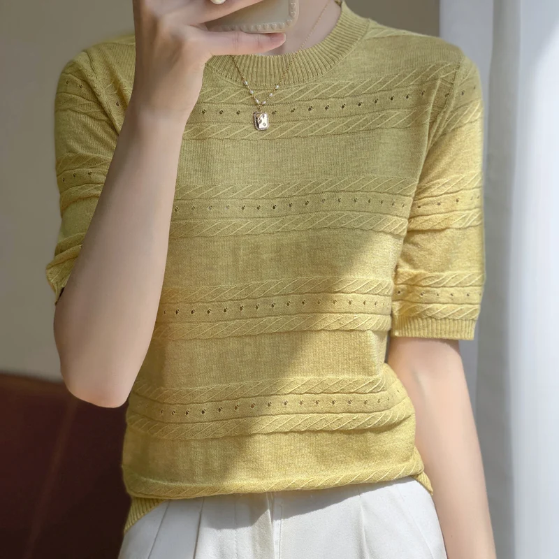 

23 Summer New Thin Hollow Knitted Short-Sleeved T-Shirt Women's Round Neck Worsted Superfine Wool Pullover Loose Top