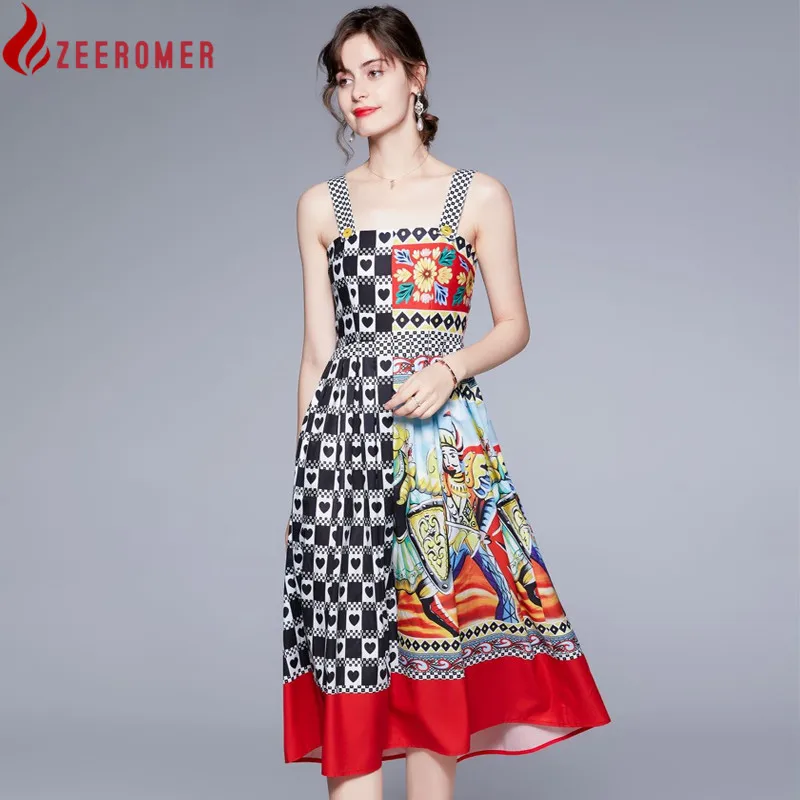 

Women Elegant Summer Vintage Print Mid Calf Spaghetti Strap Dress Runway Festa Fashion Designers Aline Holiday Party Vestidos