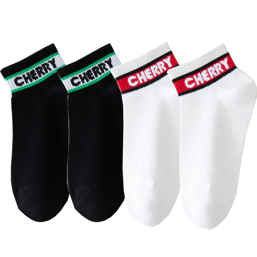 

Classic Short Socks With Letter Cherry Striped Print Fashion Sporty School Girls Sock Cool Casual Female Low Tube Sox 2 Pair Lot