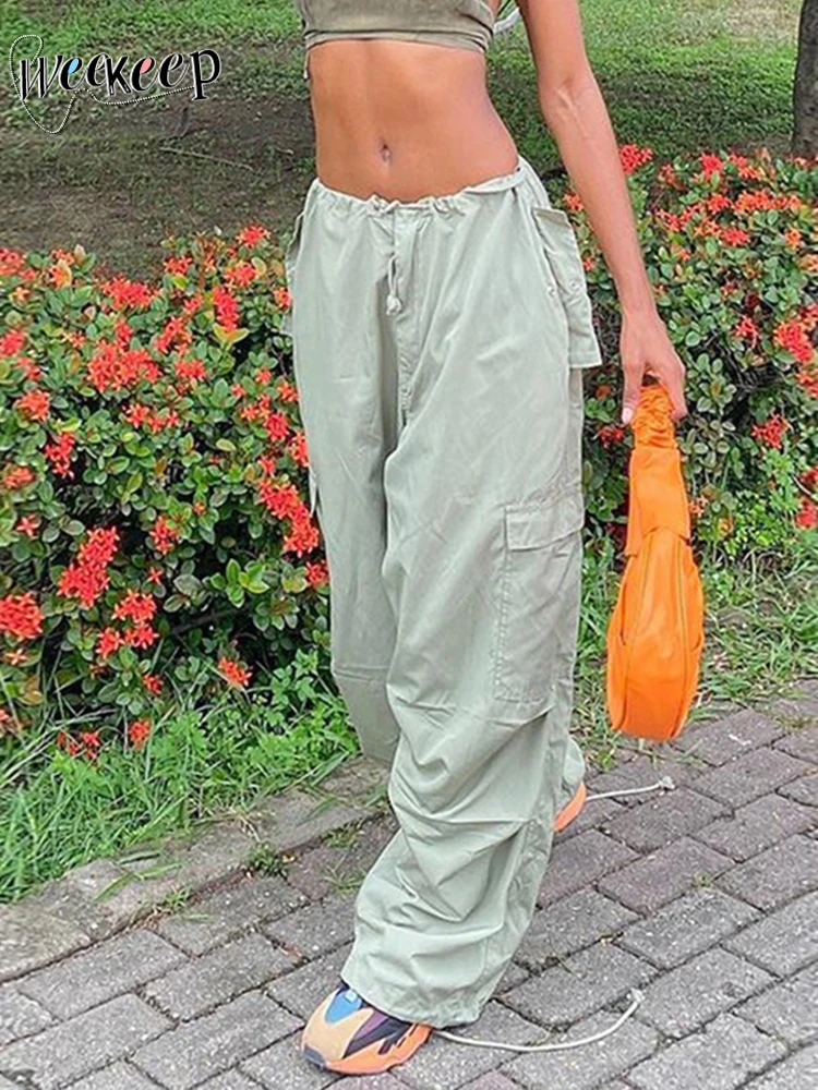 Женские свободные брюки-карго Weekeep зеленые повседневные мешковатые с заниженной
