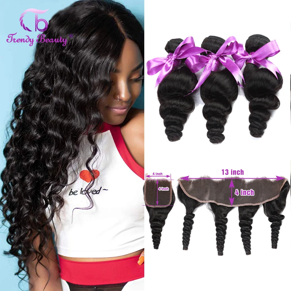 Peruvian Loose Wave Bundles With 13x4 Lace Frontal Ear to Ear Human Hair Bundles With 4x4 Lace Closure Trendy Beauty Hair