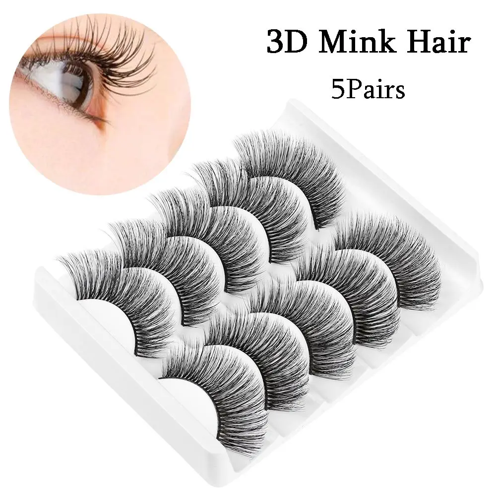 

5 Pairs Woman's Fashion Wispy Fluffy Reusable Handmade 3D Faux Mink Hair False Eyelashes Natural Long Thick Cross