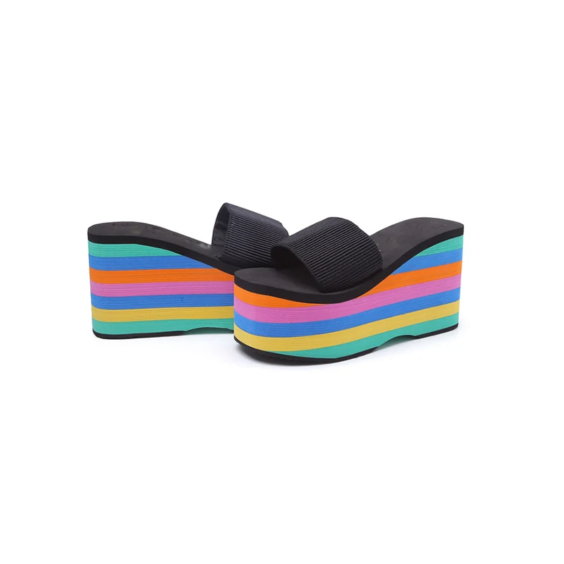 ew mody tęczowe z wystającym palcem 9cm ciasto kapcie na obcasie dla kobiet elastyczne tkaniny kliny piankowe szpilki kobiece slajdy
