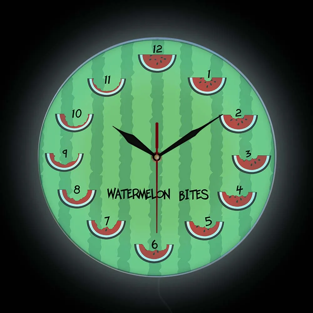 

Summer Time Funny Watermelon Bites Glowing LED Wall Clock For Dinning Room Summer Fruits Home Decor Watch Luminous Wall Clock