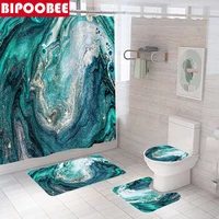Green Stone Grain Printed Shower Curtain Marble Bathroom Curtains Pedestal Carpet Toilet Cover Non-Slip Rug Bath Mat Home Decor