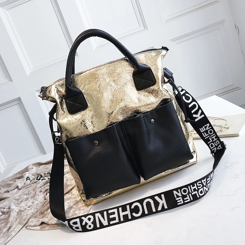 

Large Capacity Women Bags Fashion Shopping Bag Double Pocket Girl Casual Tote Young Lady Handbags Shoulder Bag Silver