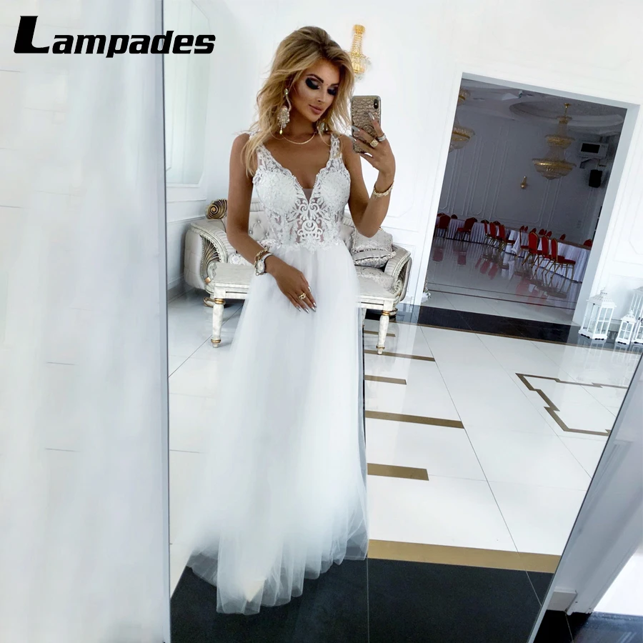 

V-neck Exqusite Lace with Crystals Beading Wedding Dress See Through Sexy Tulle Bridal Dress vestido longo festa de casamento