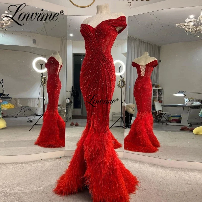 

Lowime 2022 Luxury Couture Feathers Long Evening Dresses Plus Size Mermaid Off The Shoulder Beaded Red Party Dress Pageant Gowns