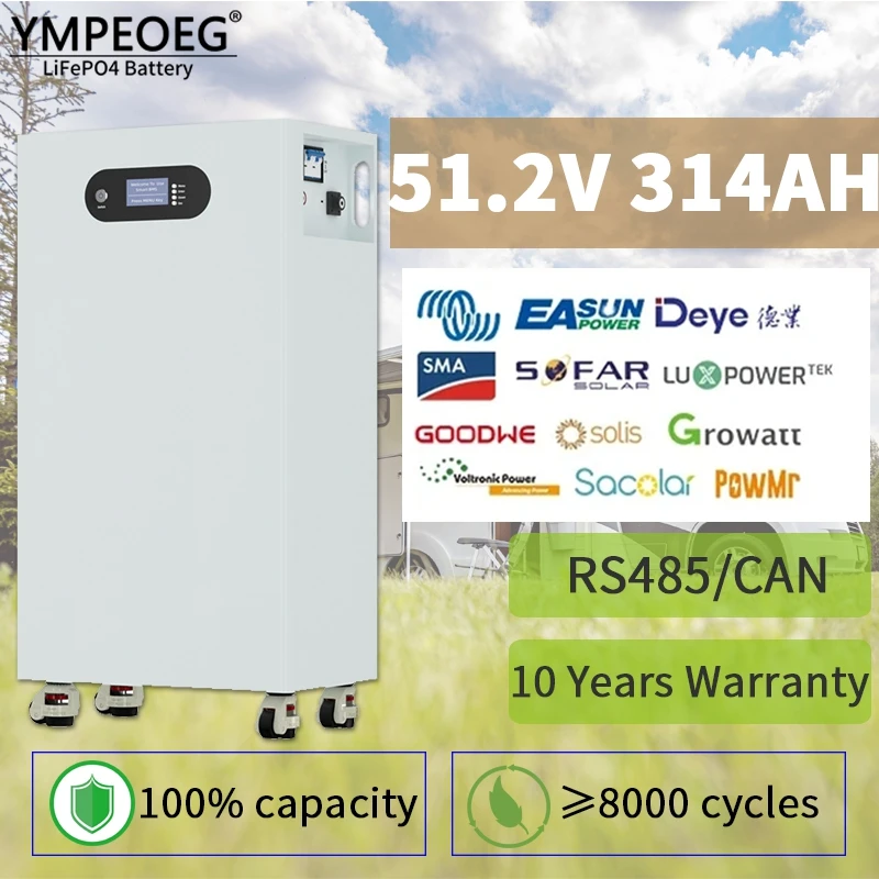 

100% полная емкость 51,2 В 280 Ач/314 Ач Встроенный аккумулятор BMS LiFePO4 аккумулятор солнечной энергии класса A 15 кВтч/16 кВтч для автофургона