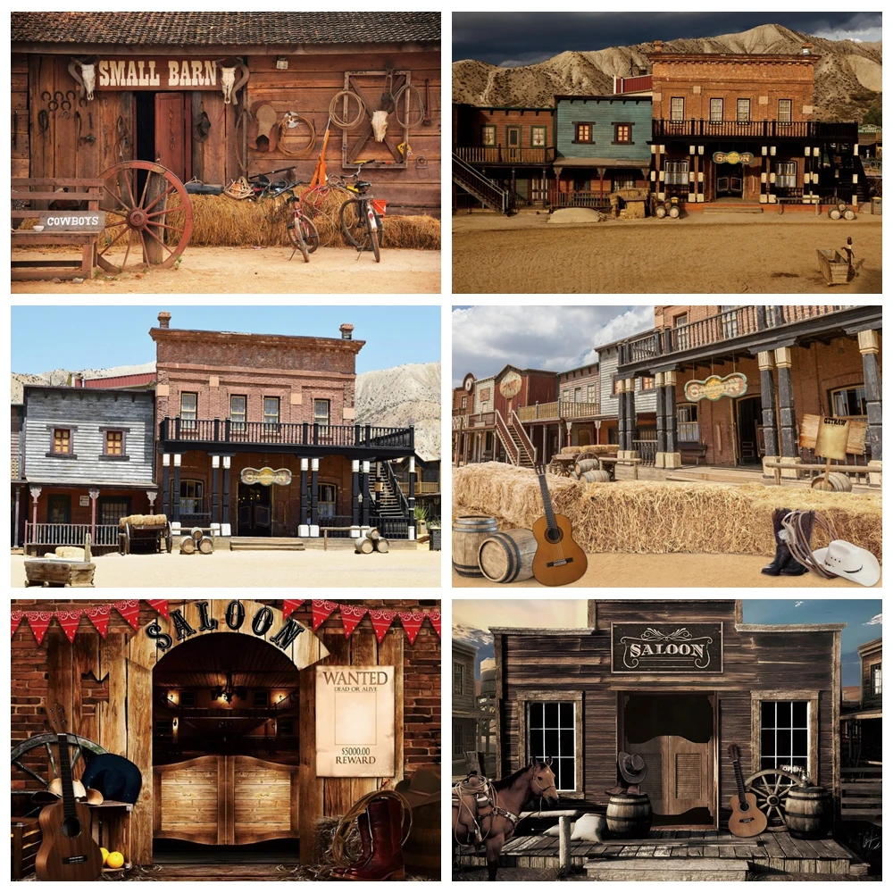 

Western Cowboy Scenic Backdrop West Cowboy City Town Saloon Wooden House Barn Door Travel Baby Portrait Photography Background