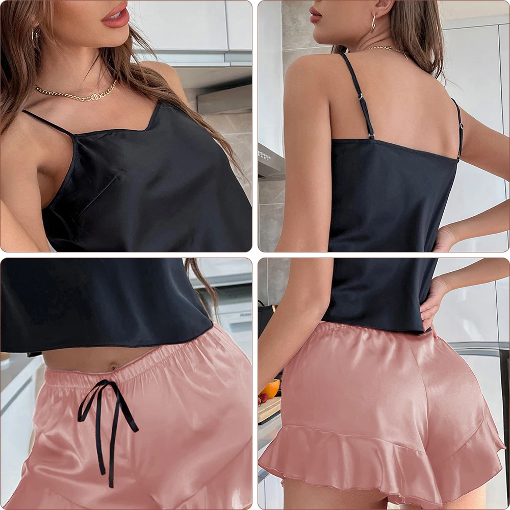 Women's sexy backless suspender home wear summer ruffled shorts vest two-piece comfortable ice silk pajama set Satin Sleepwear