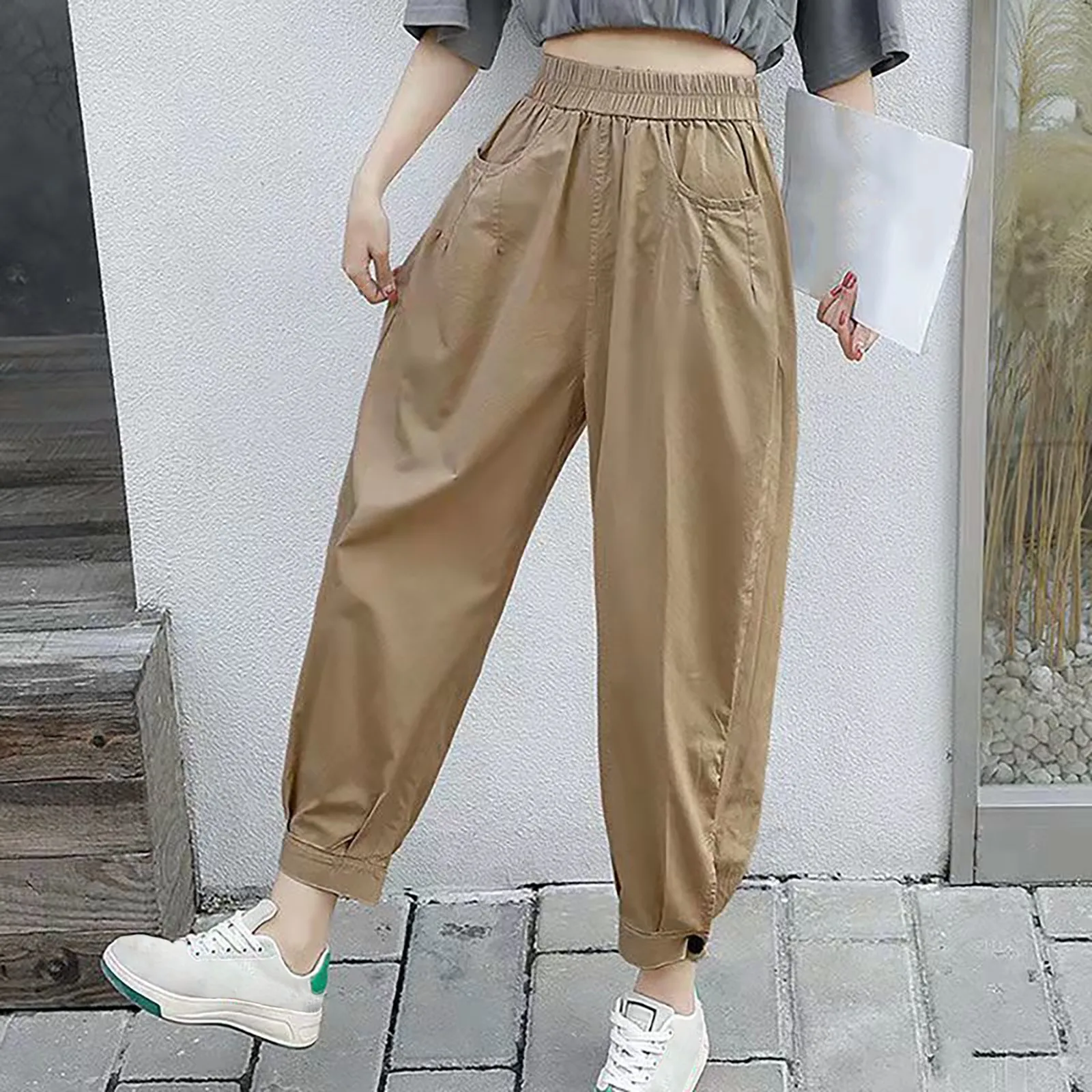 Ankle Length Causal Pants Streetwear Women Khaki Stylish Pockets Spring Solid Unisex Solid Aesthetic Harem Trouser Chic Soft Hot