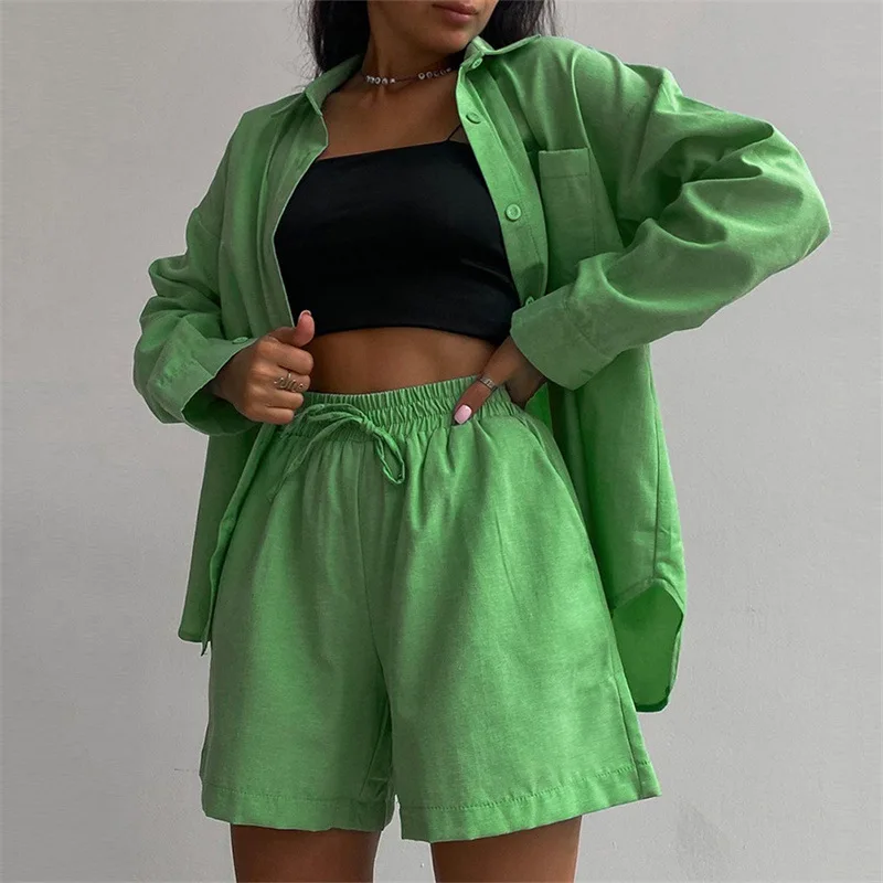 Summer Long Sleeve Turn Down Collar Button Long Shirts with Shorts Women Clothing Loose Casual Office Lady Cotton Two Pieces Set
