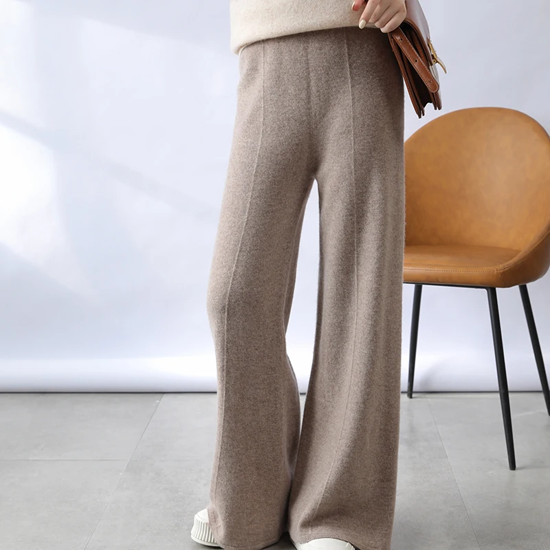 LONGMING 100% Wool Pants Women Knitted Pants Autumn Winter Sweater Trousers Straight Leg Vintage Loose Long Pants Female Y2K